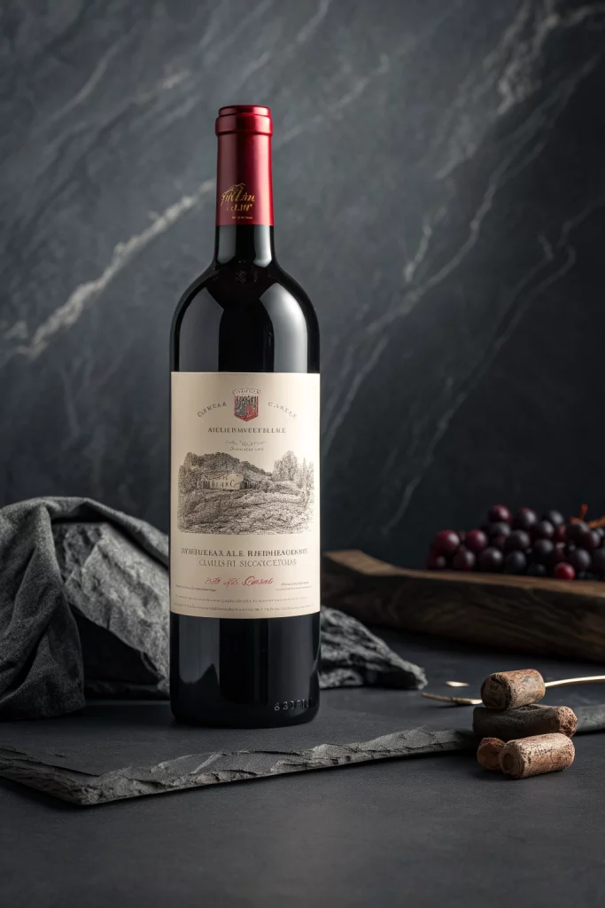 A premium bottle of red wine on a dark, elegant background, matching the restaurant's upscale aesthetic.